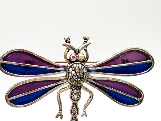 Vintage Purple Enamel Dragonfly Brooch AB Rhinestone Glass Figural Statement
