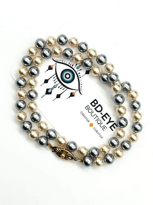 Vintage Grey Cream Glass Faux Pearl Necklace Hand Knotted Rhinestone Hook Clasp