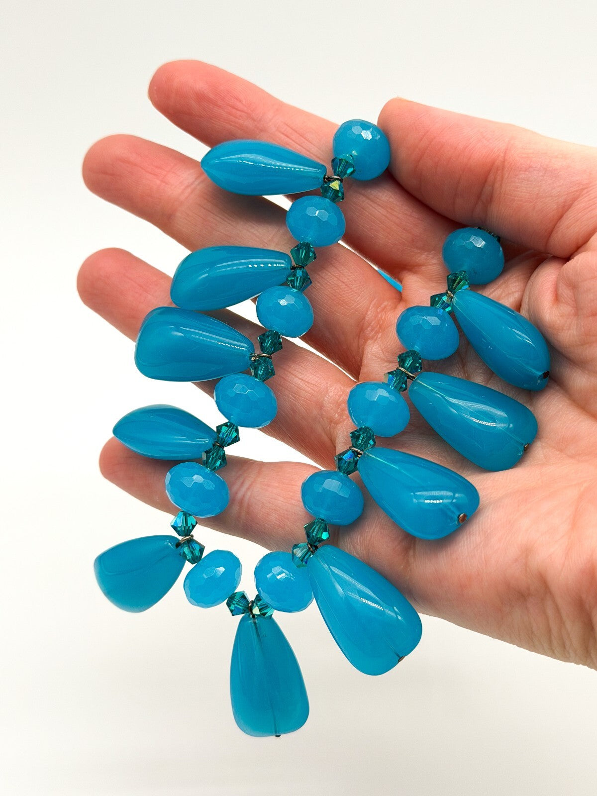 Turquoise Blue Glass Teardrop Fringe Statement Necklace Crystal Spacers Toggle
