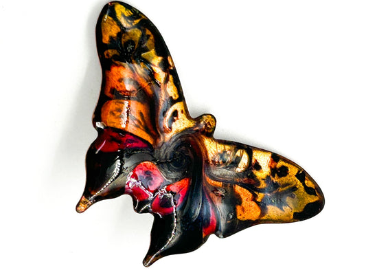 Vintage Glazed Ceramic Enamel Butterfly Brooch Amber Black Red Statement Pin