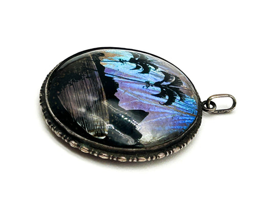 Vintage Art Deco A.W. Rio 920 Silver Morpho Butterfly Wing Pendant Bubble Glass