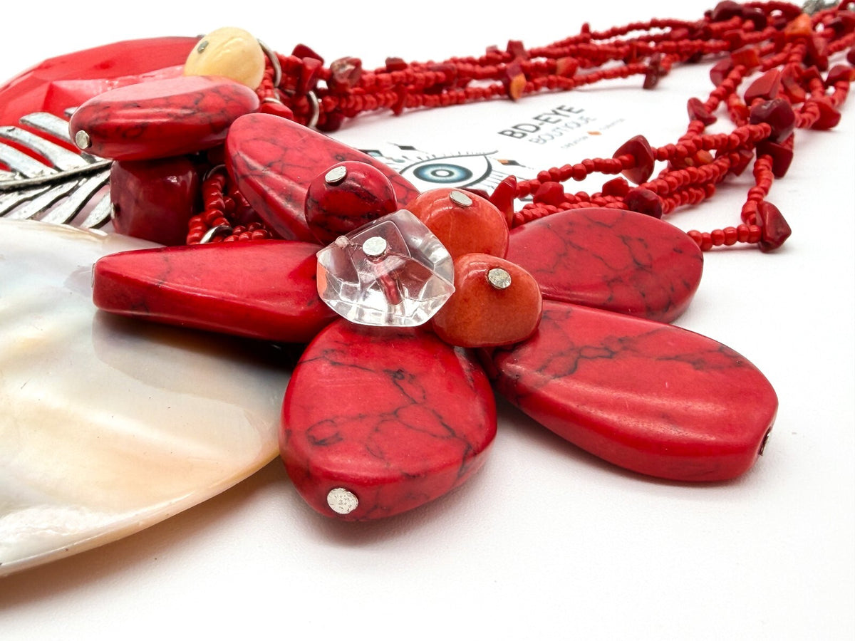 Red Coral Mother of Pearl Floral Necklace Multi Strand Boho Statement Flower