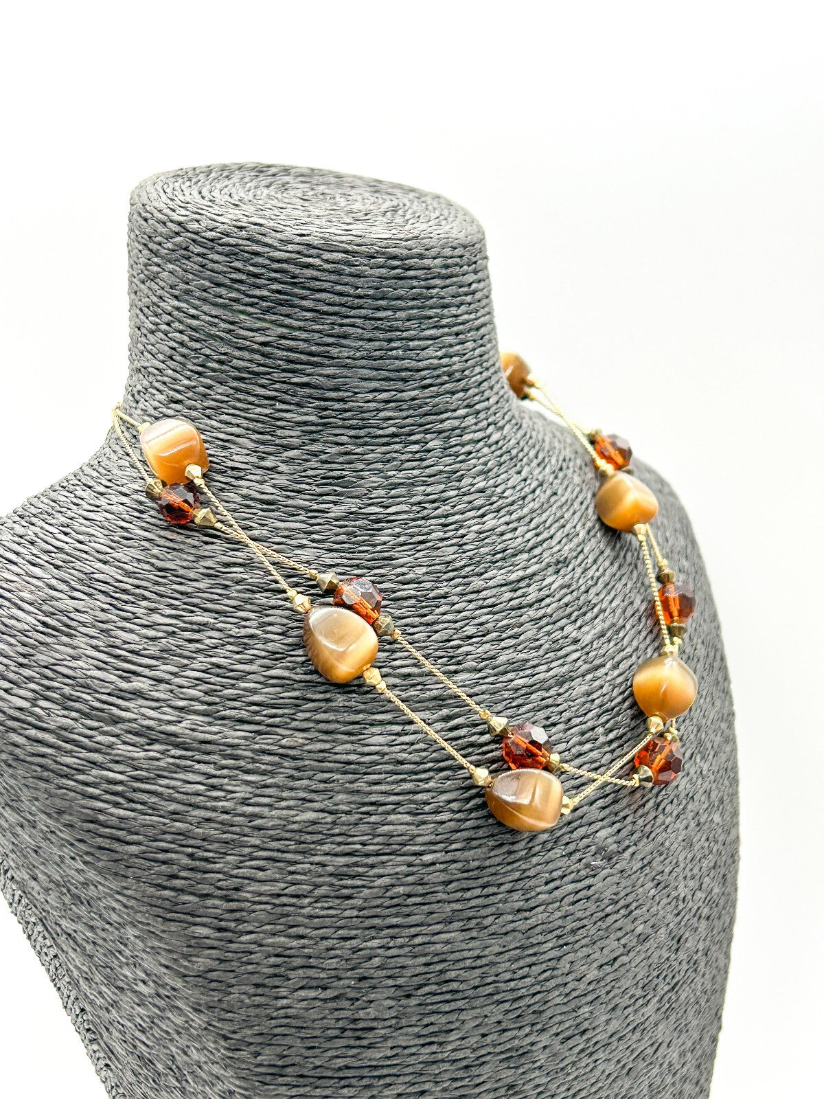 M&S Double Layer Cat’s Eye Glass Bead Necklace Brown Orange Gold Tone