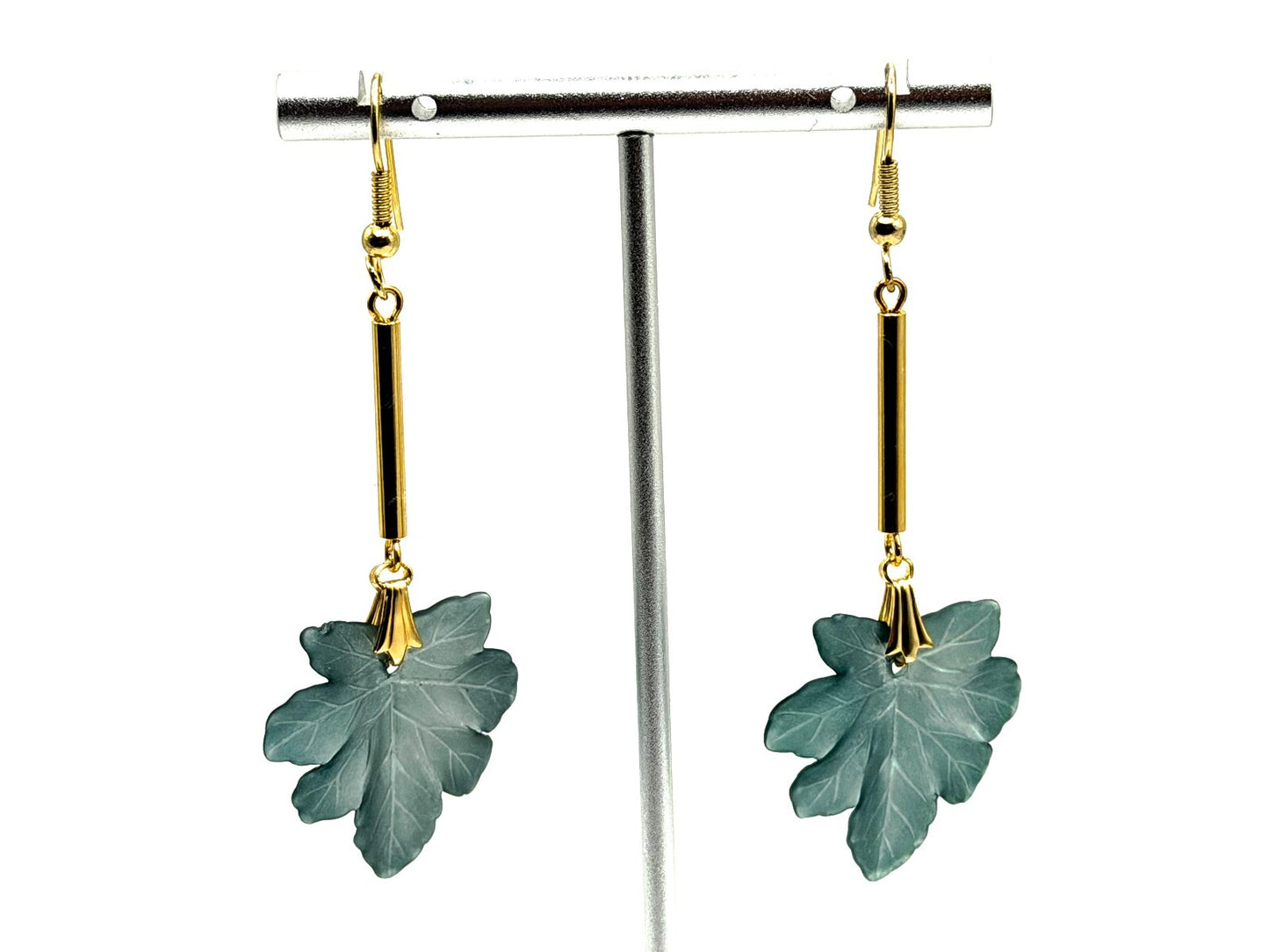 Teal Green Leaf Drop Earrings Gold Tone Vintage Deadstock Handmade Originals