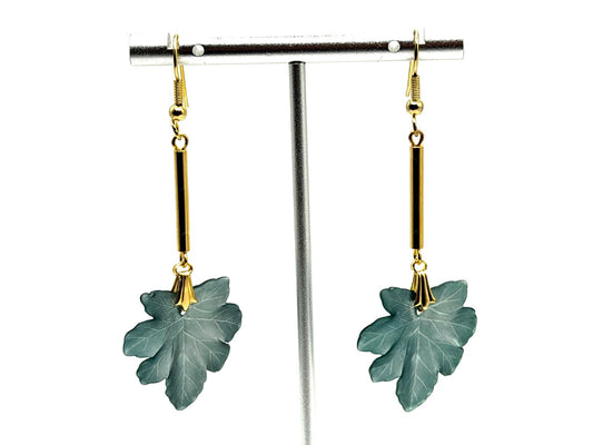 Teal Green Leaf Drop Earrings Gold Tone Vintage Deadstock Handmade Originals