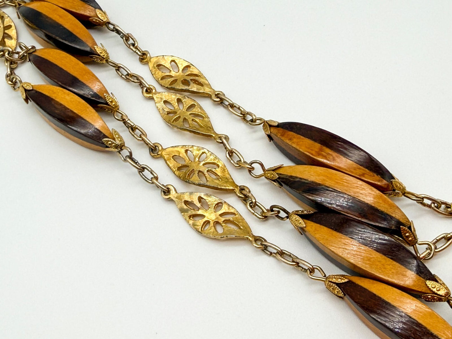 Vintage Two Tone Wood Necklace Gold Tone Openwork Floral Links Long