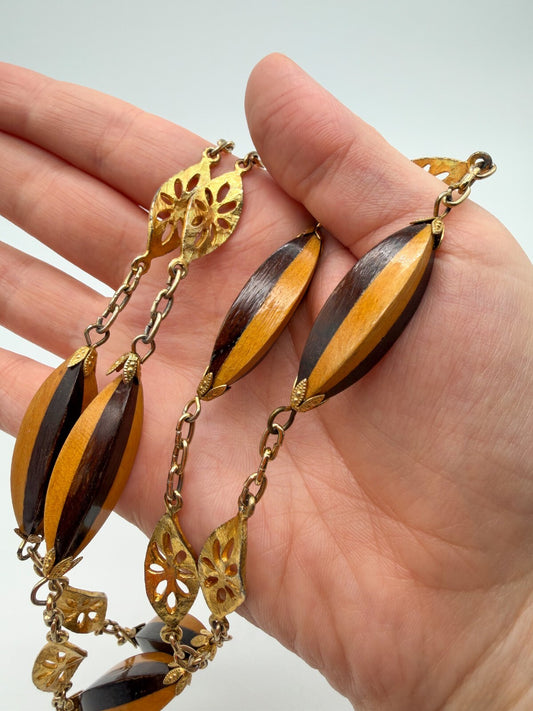 Vintage Two Tone Wood Necklace Gold Tone Openwork Floral Links Long
