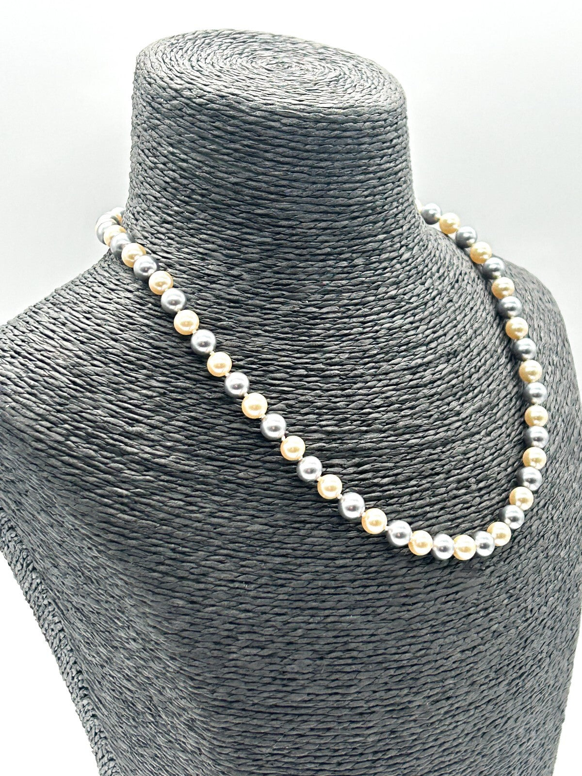 Vintage Grey Cream Glass Faux Pearl Necklace Hand Knotted Rhinestone Hook Clasp