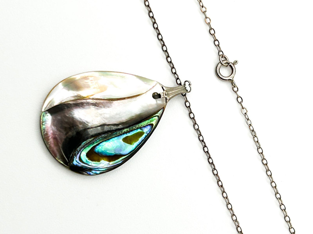 Vintage Sterling Silver Chain Abalone Mother of Pearl Teardrop Pendant Necklace