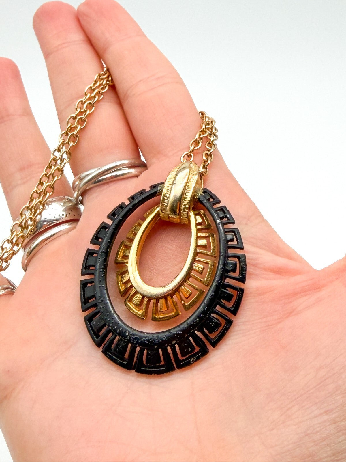 Vintage Black Gold Tone Greek Key Statement Necklace Oval Pendant 17” Geometric
