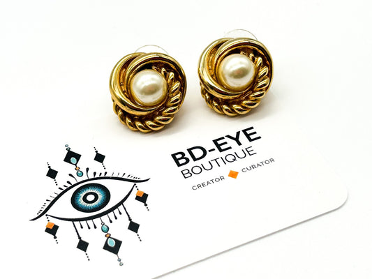 Vintage Gold Tone Faux Pearl Knot Stud Earrings Rope Effect Statement Posts