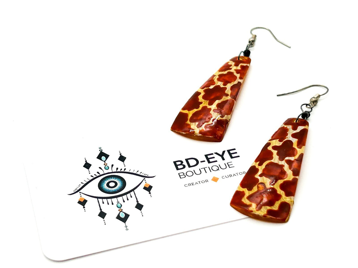Vintage Hand Painted Organic Material Giraffe Print Drop Earrings Safari Boho