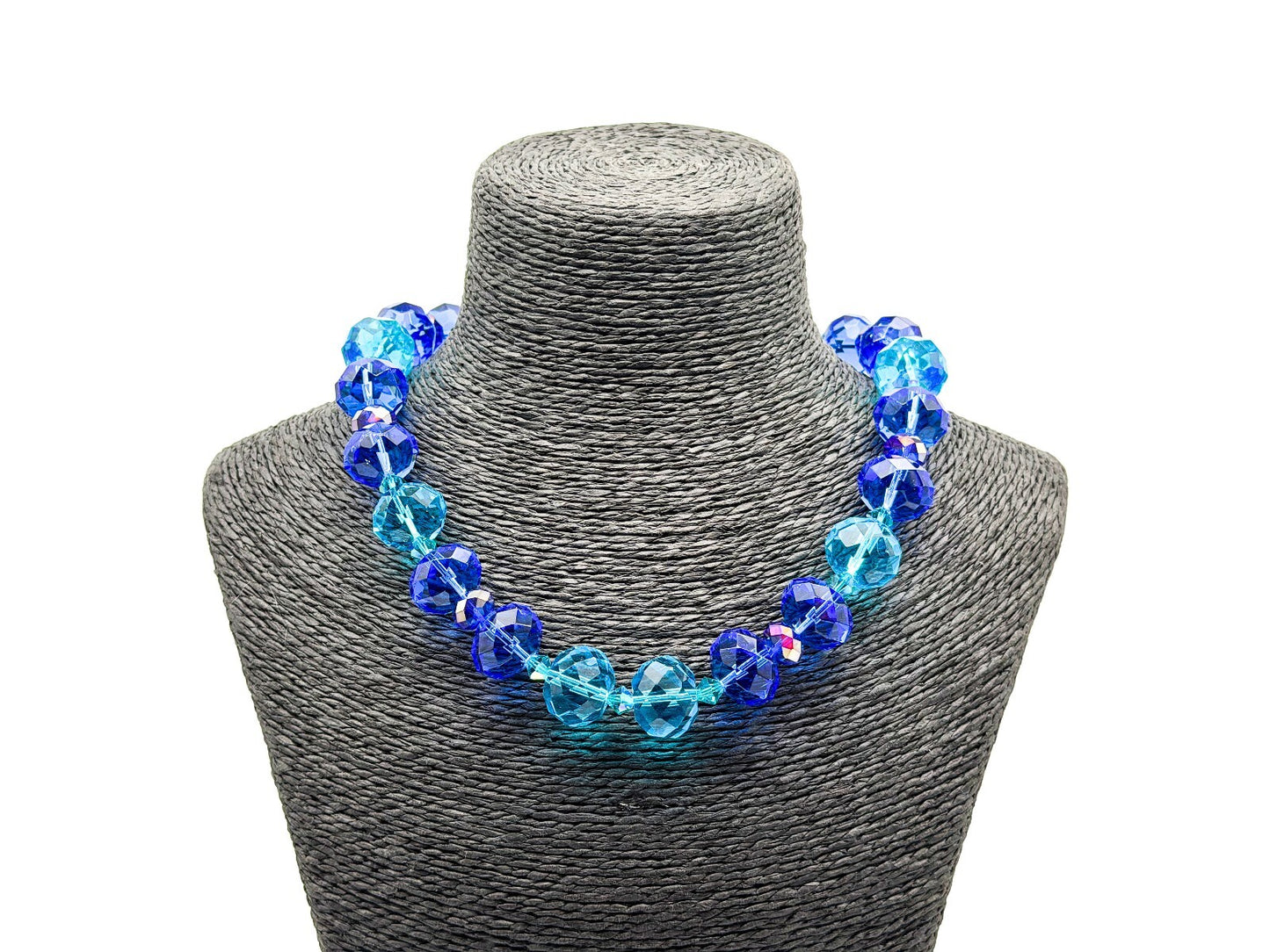 Chunky Cobalt Blue Turquoise Faceted Glass Statement Necklace Toggle 17.5”