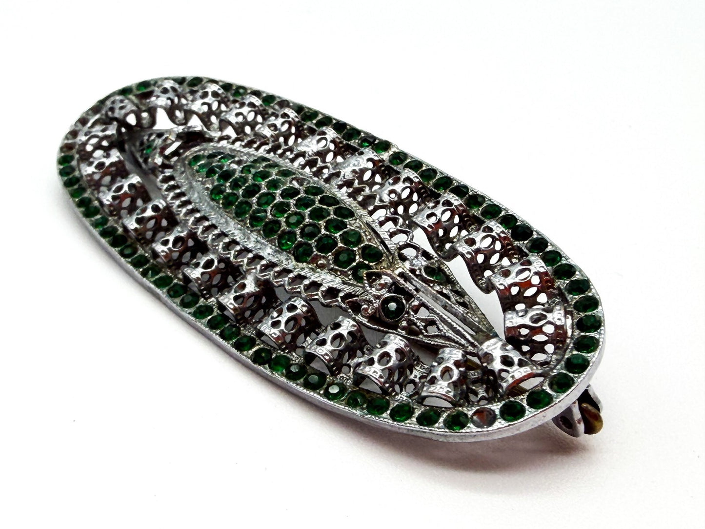 Vintage Art Deco Style Green Rhinestone Filigree Brooch Silver Tone Signed 468