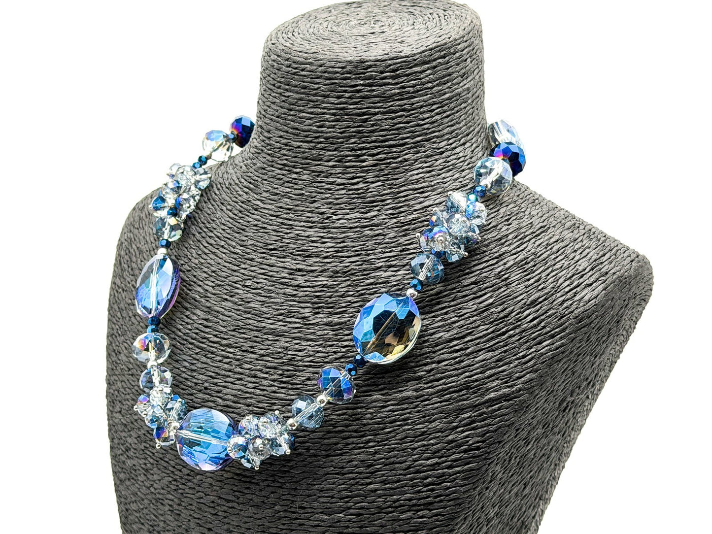 Midnight Blue Crystal Necklace AB Faceted Oval Beads Cha Cha Cluster Necklace
