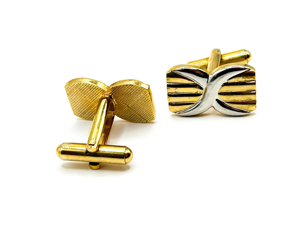 Vintage Two Tone Gold Silver Cufflinks Ridged Geometric Abstract Bullet Back