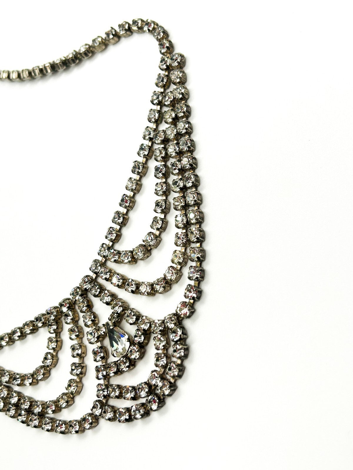 Vintage Rhinestone Bib Necklace Silver Tone Draped Cup Chain Bridal Statement