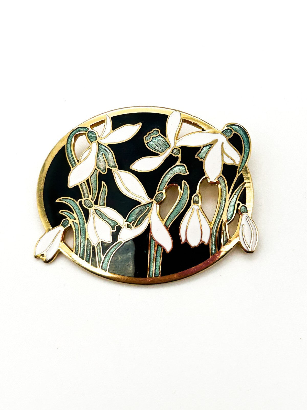 Vintage Fish & Crown Cloisonné Enamel White Floral Snowdrop Brooch Gold Tone Pin