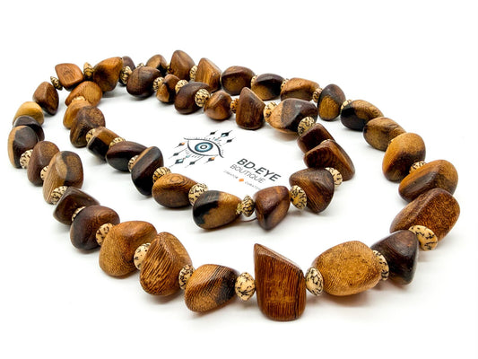 Vintage Wood & Tagua Nut Statement Necklace Long Boho Natural Wooden Beads