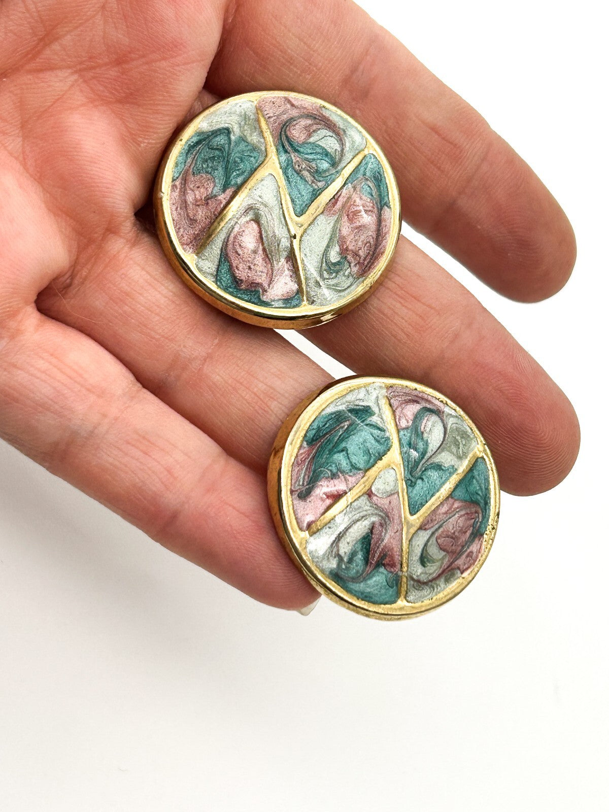 Vintage Gold Tone Filigree Stud Earrings & Pastel Enamel Clip On Earrings Pair