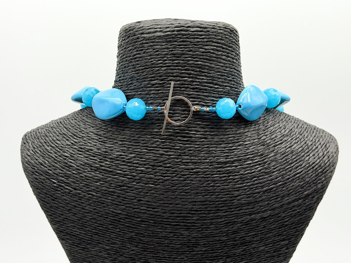 Blue Ceramic Glass Statement Necklace Sky Blue Toggle Clasp 20.5” Summer