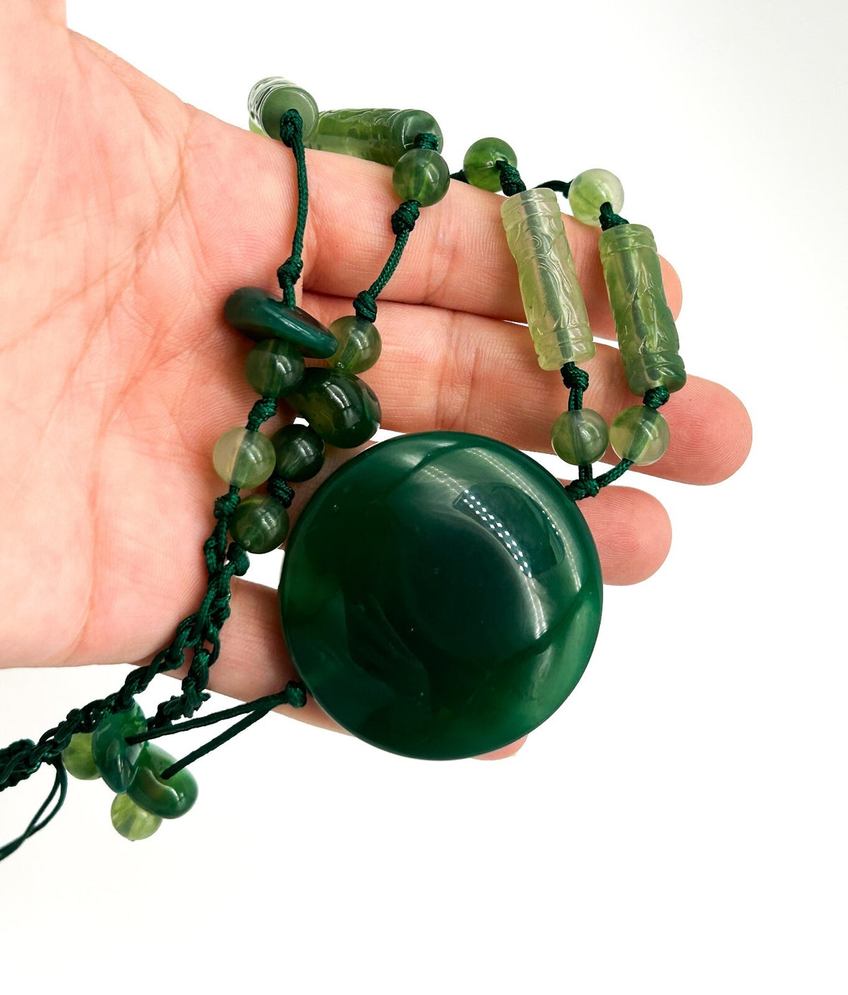 Vintage Green Aventurine Necklace Macrame Disc Pendant Boho Gemstone Tassel