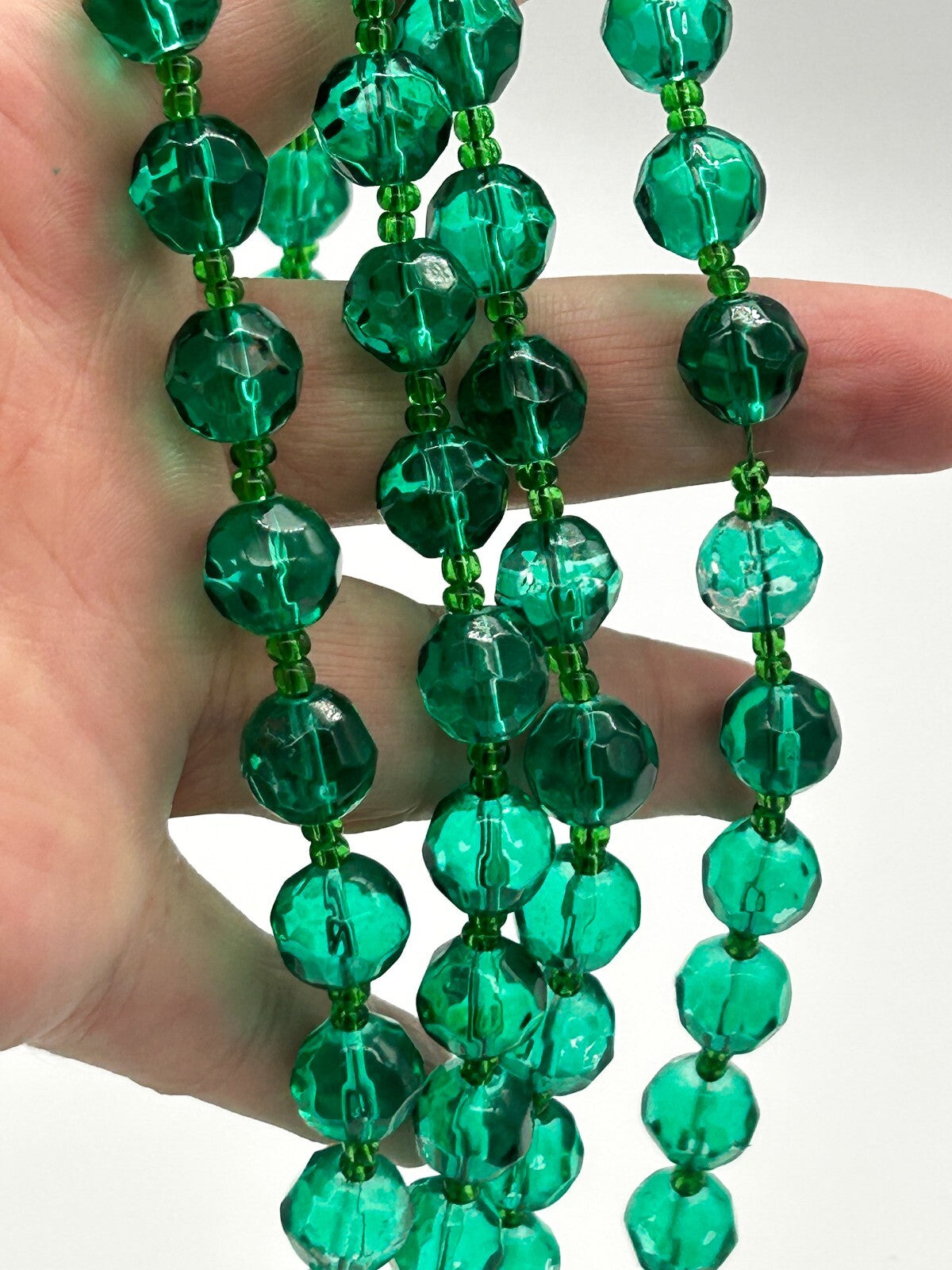 Long Emerald Green Faceted Glass Bead Necklace 39.5” Layering Statement Extender