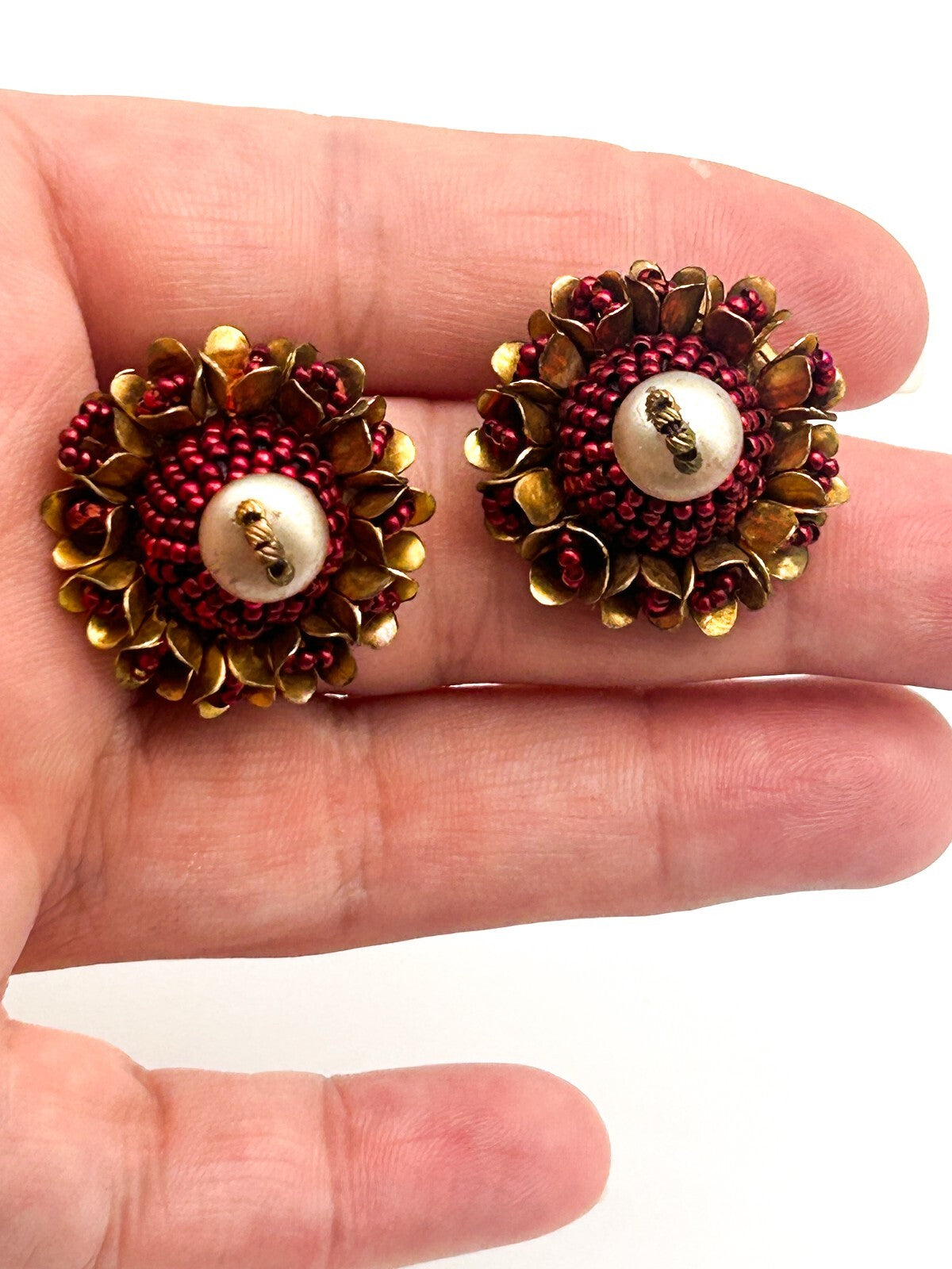 Vintage Cranberry Red Seed Bead Faux Pearl Demi Parure Brooch & Clip On Earrings