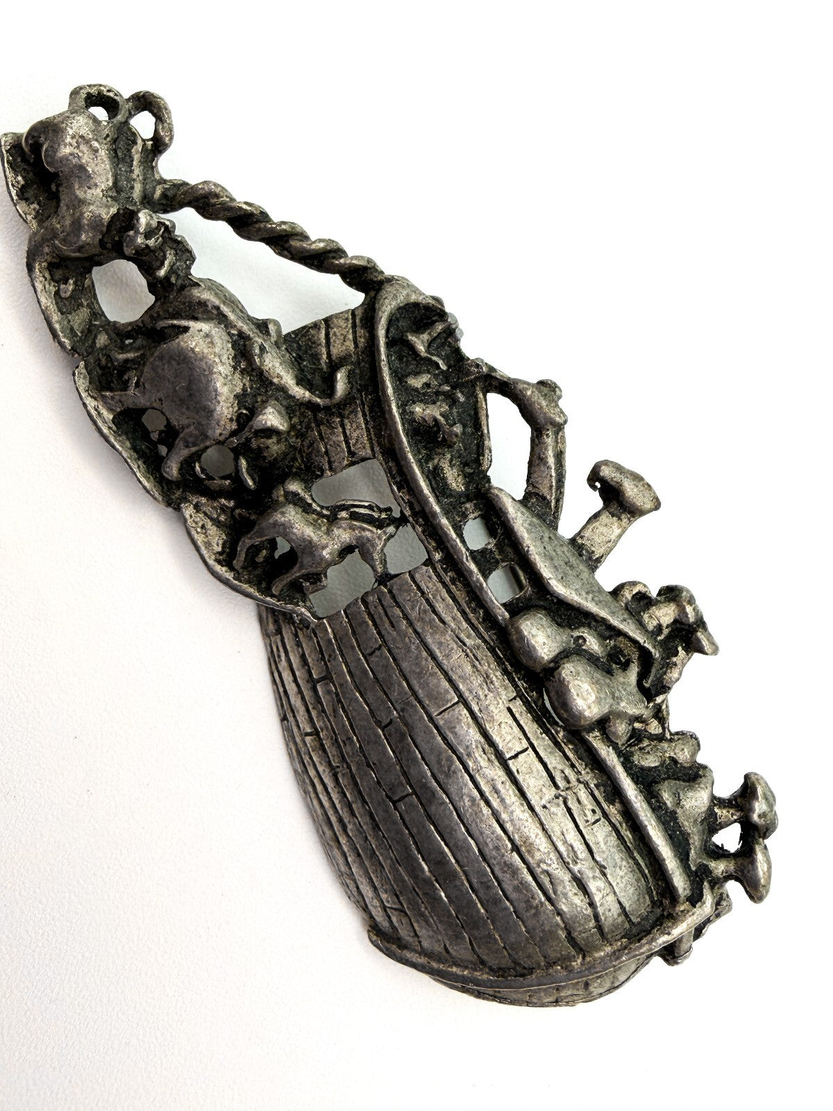 Vintage Pewter Noah’s Ark Brooch Animal Biblical Religious Pin 7cm