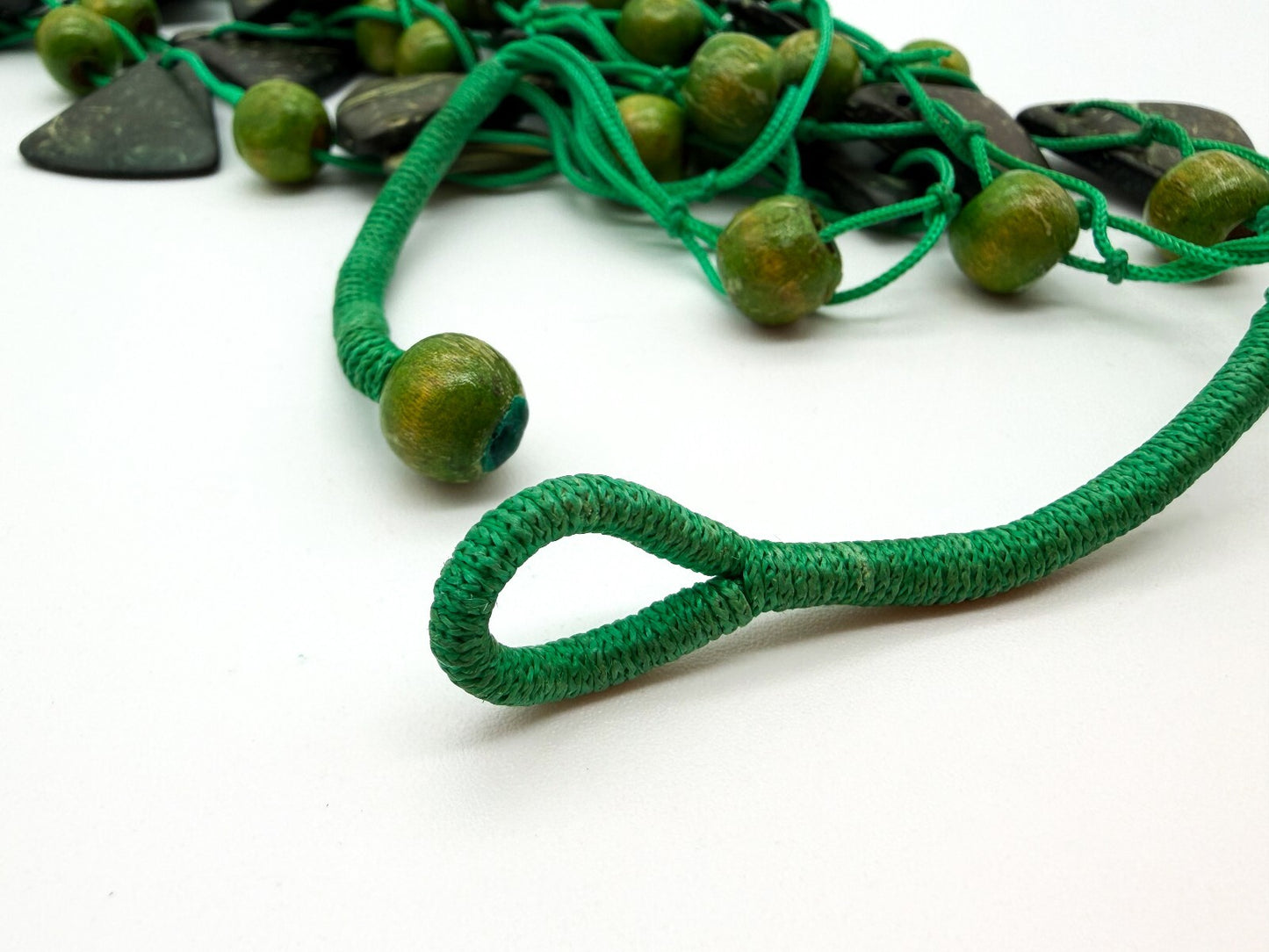 Boho Green Coconut Shell & Wood Bead Necklace Hand Knotted Statement