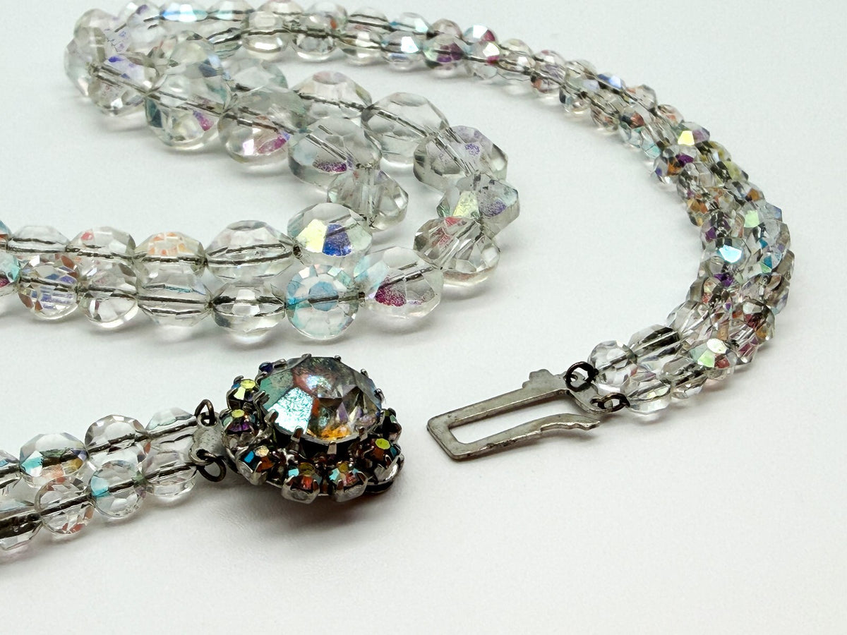 Vintage Aurora Borealis Crystal Glass Double Strand Necklace Rhinestone Clasp