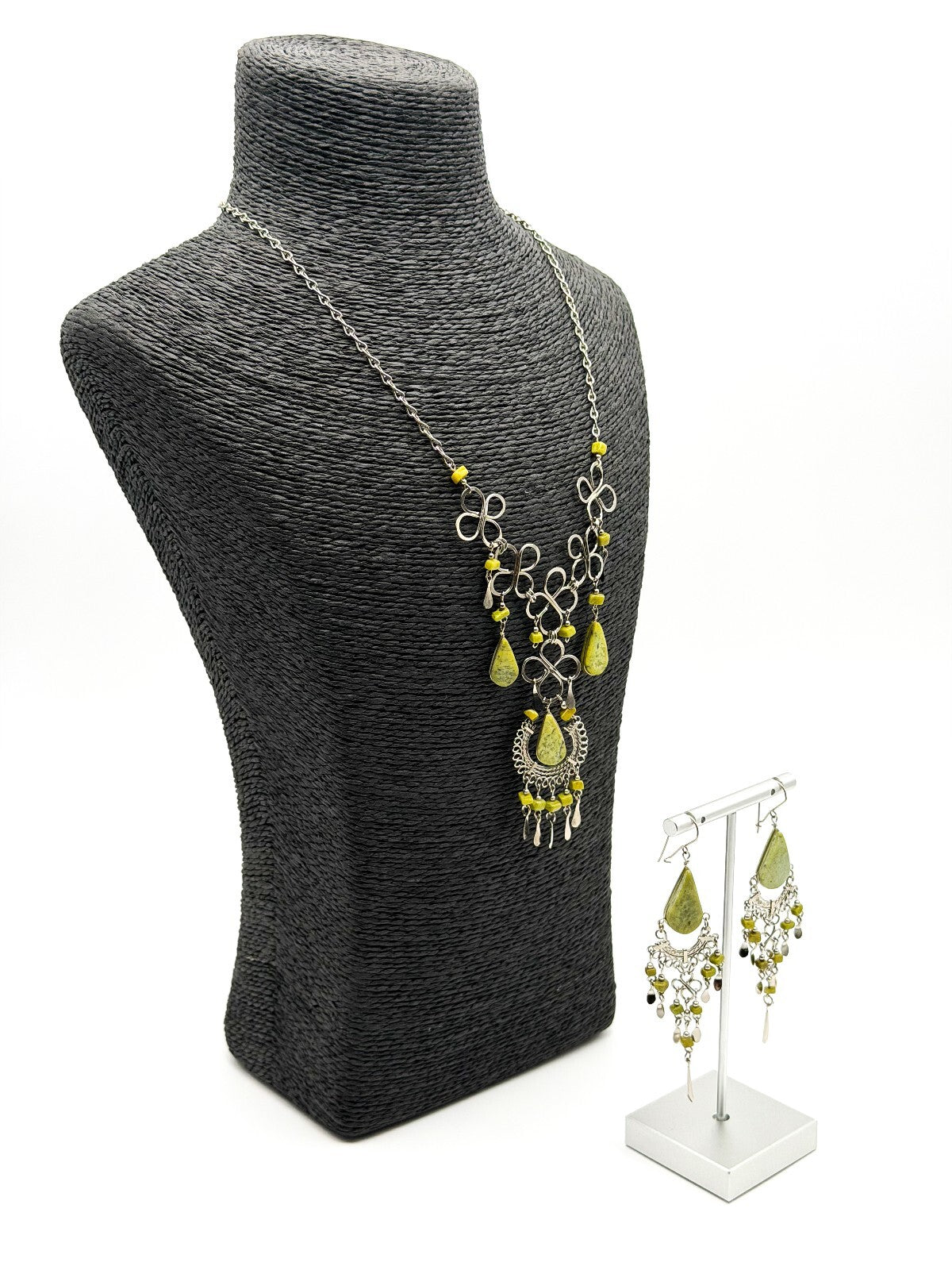 Peruvian Alpaca Silver Serpentine Necklace Earrings Set Wirework Floral Bib