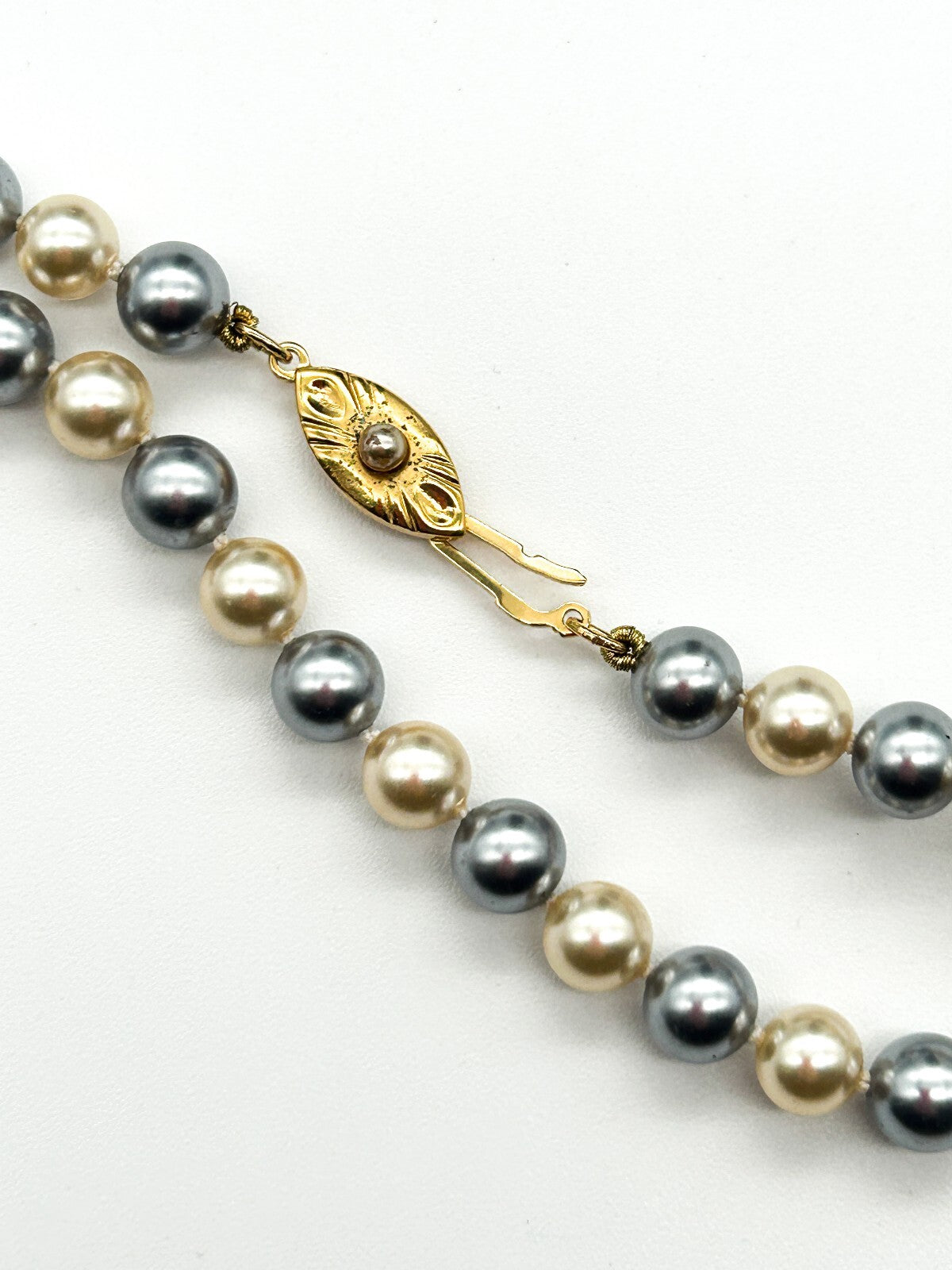 Vintage Grey Cream Glass Faux Pearl Necklace Hand Knotted Rhinestone Hook Clasp