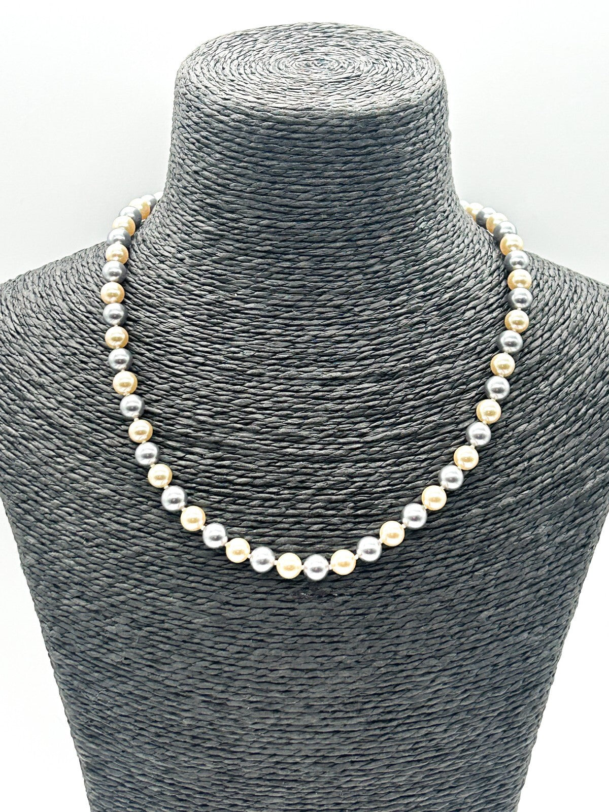 Vintage Grey Cream Glass Faux Pearl Necklace Hand Knotted Rhinestone Hook Clasp