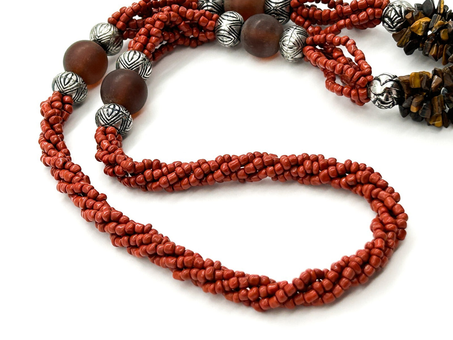 Vintage Tiger’s Eye Amber 6 Strand Tassel Necklace Red Glass Boho Statement