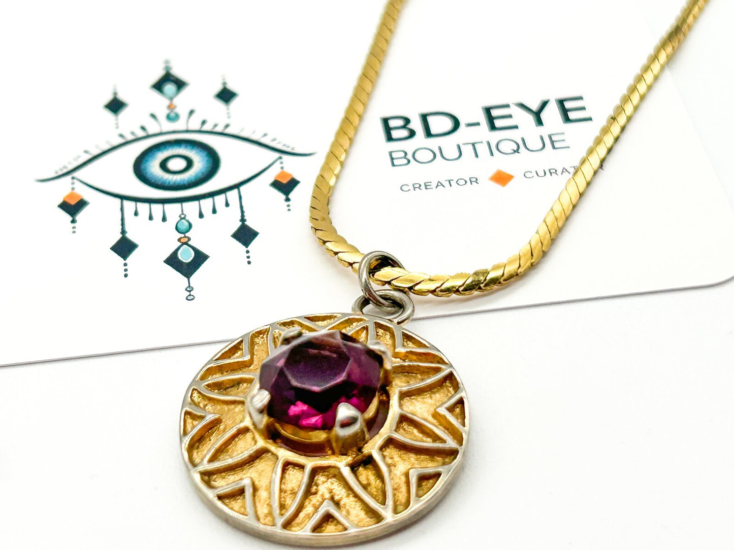 Vintage Purple Glass Statement Pendant Necklace Gold Tone Retro Jewellery