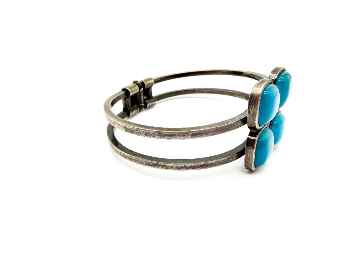 Vintage Blue Cat’s Eye Glass Clamper Bangle Silver Tone Hinged Bracelet Retro