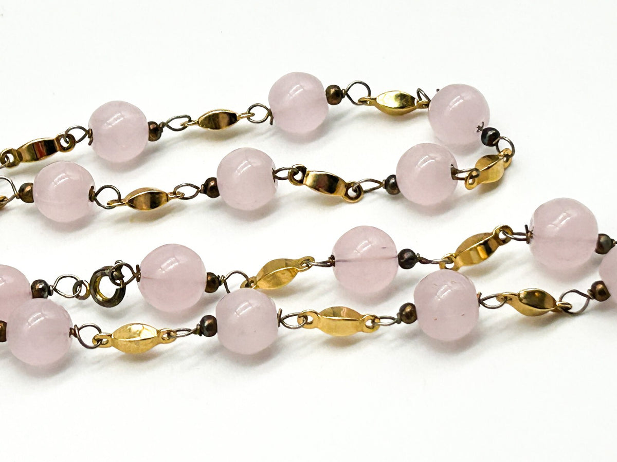 Vintage Pastel Pink Glass Bead Necklace Gold Tone Station Necklace 20”