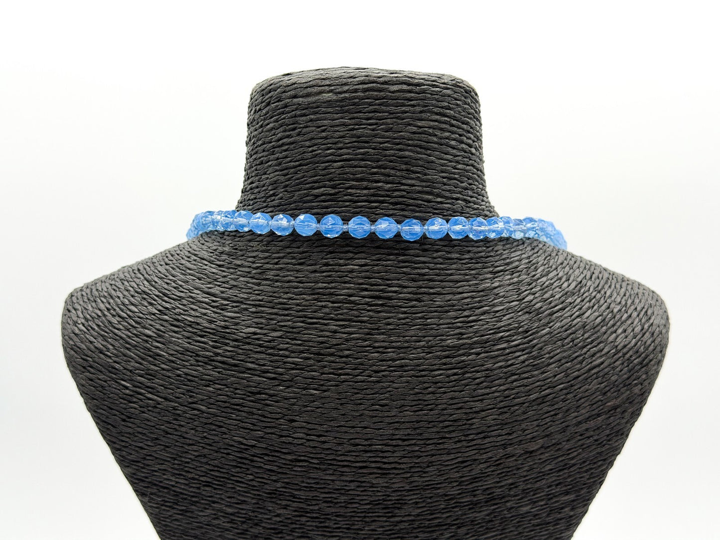 Vintage Long Blue Faceted Glass Bead Necklace Hand Knotted Continuous Strand