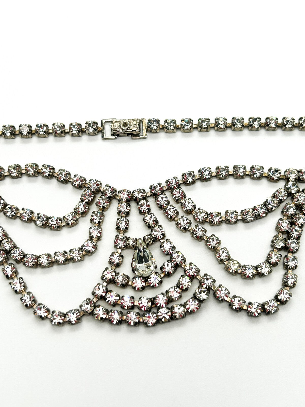 Vintage Rhinestone Bib Necklace Silver Tone Draped Cup Chain Bridal Statement