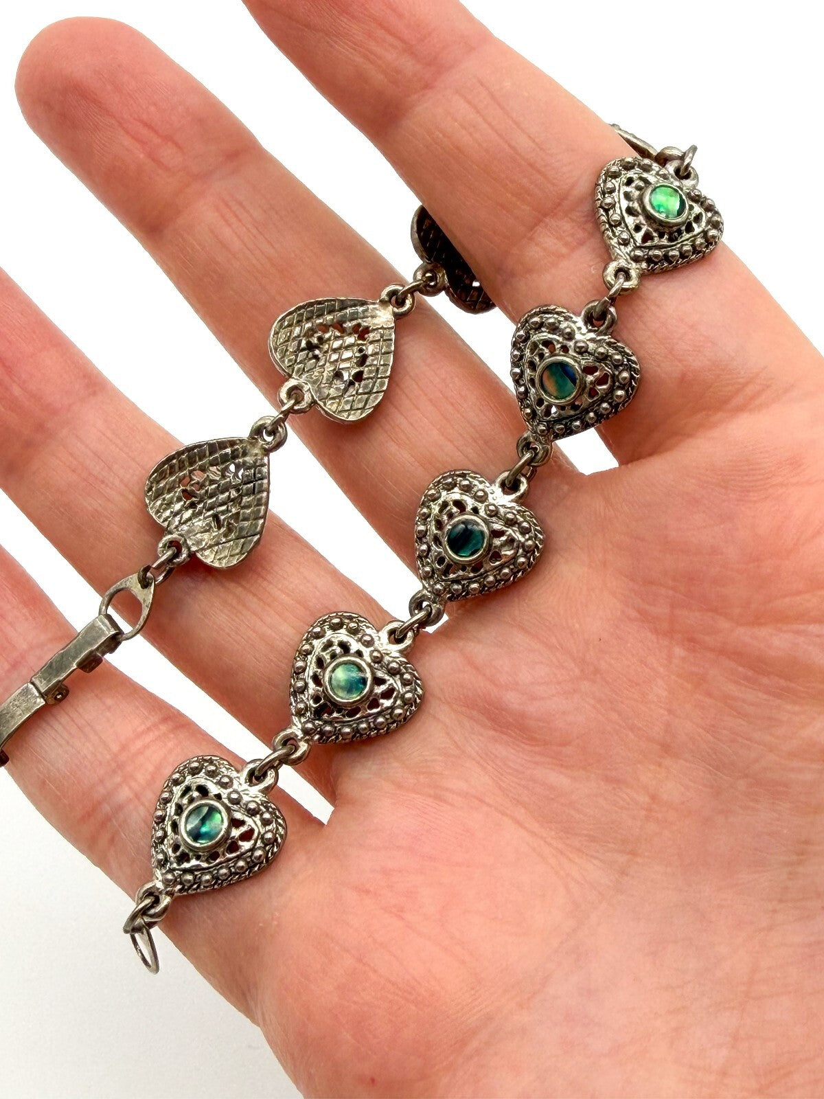Vintage Abalone Shell Ornate Love Heart Panel Link Bracelet Silver Tone 7”