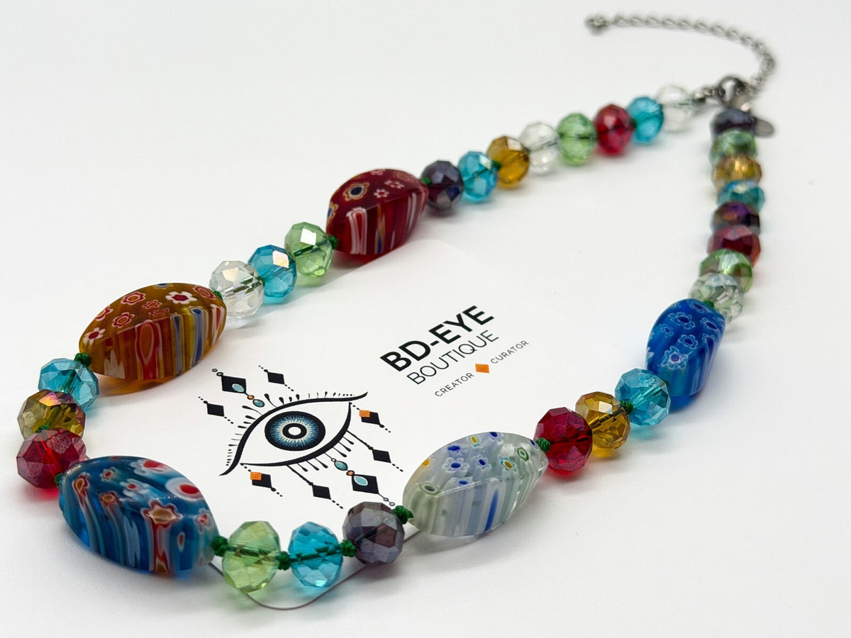 M&S Millefiori Art Glass Necklace Hand Knotted Faceted Glass Floral Beads 17”