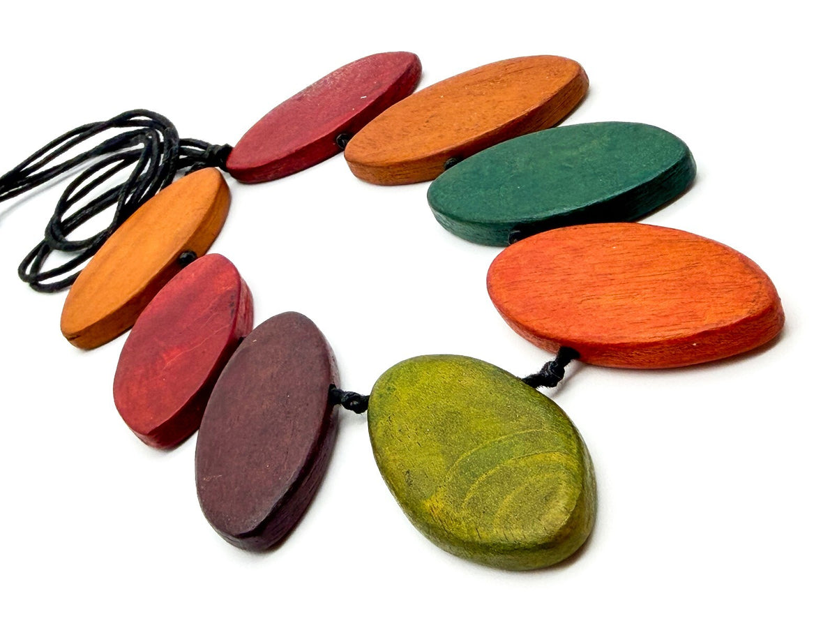 Chunky Wood Statement Necklace Boho Dyed Oval Beads Adjustable Green Orange Red