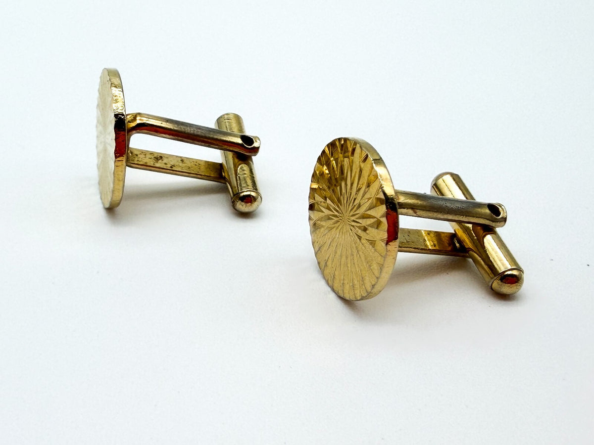 Vintage Gold Tone Engine Turned Cufflinks Diamond Cut Sunburst Round