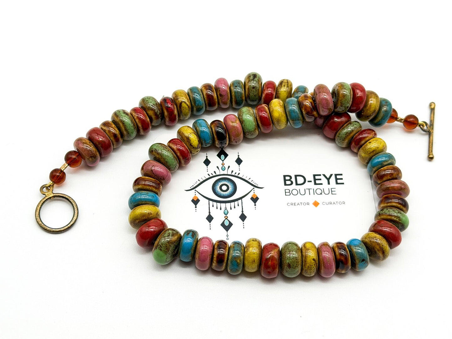 Multicolour Glazed Ceramic Disc Necklace Artisan Boho Statement Toggle Earthy