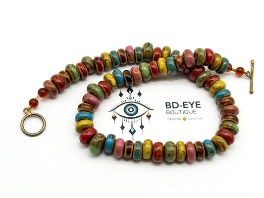 Multicolour Glazed Ceramic Disc Necklace Artisan Boho Statement Toggle Earthy