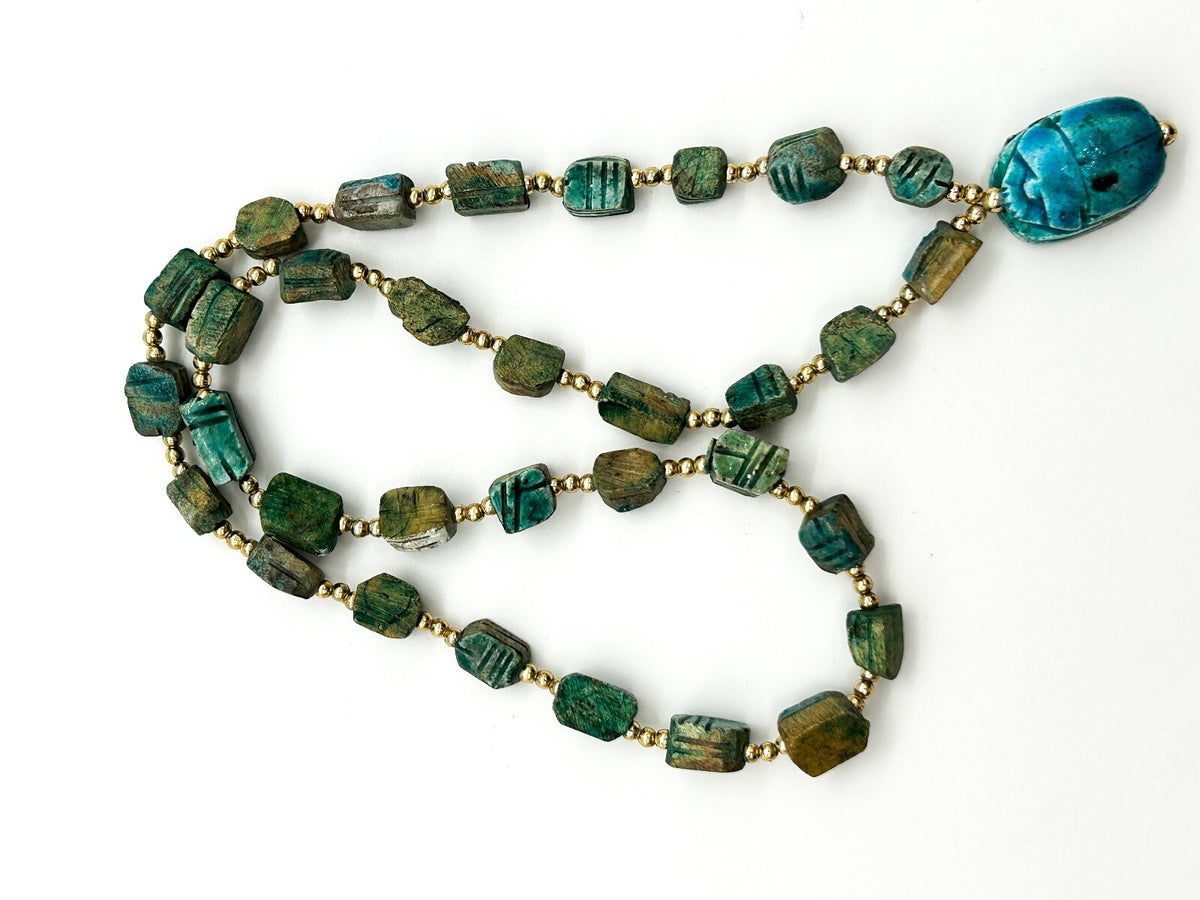 Vintage Egyptian Revival Scarab Necklace Blue Green Ceramic Beetle Pendant