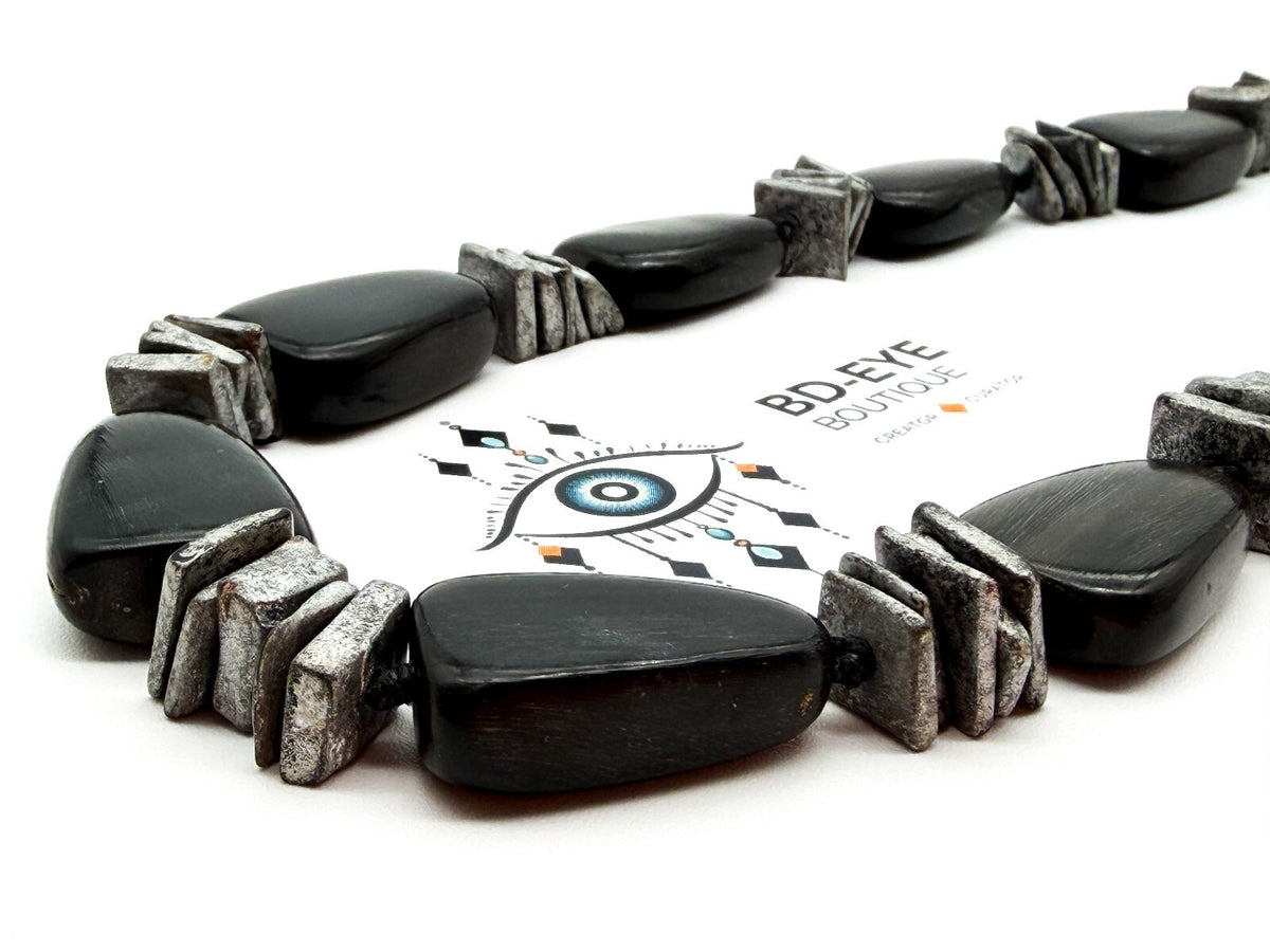 Shungite Gemstone Necklace Black Nugget Beads Silver Spacer Modern Statement