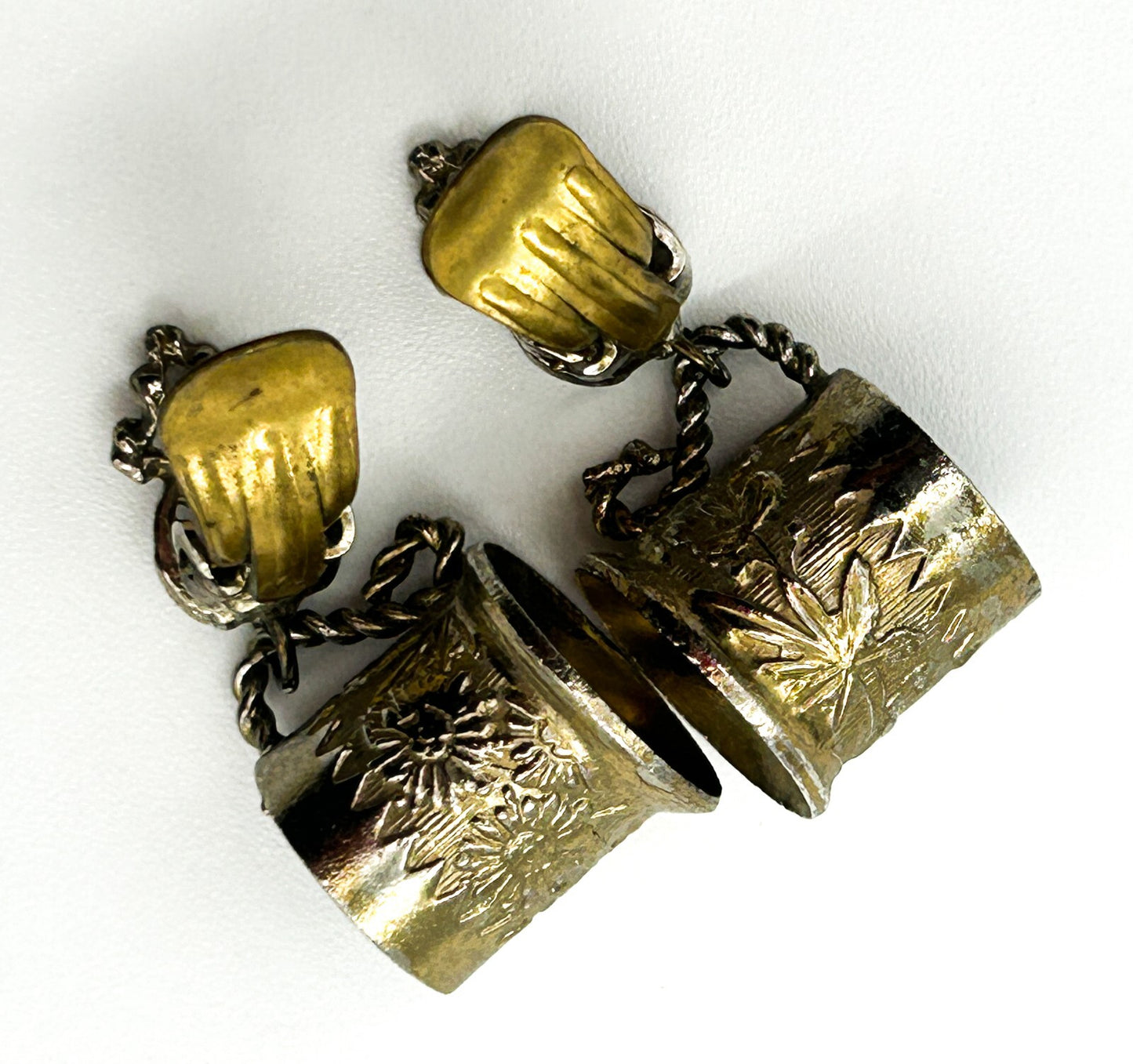 Vintage Silver Tone Tankard Clip On Earrings Novelty Beer Stein Mug Floral