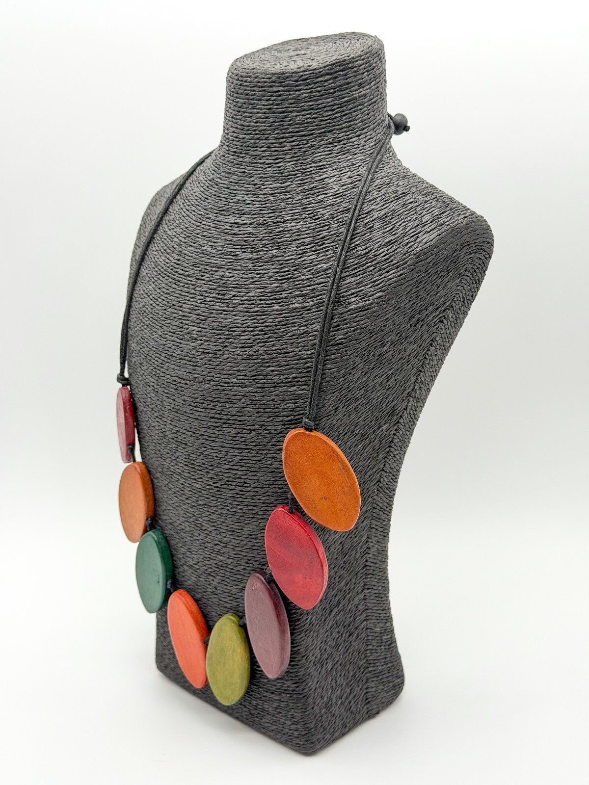 Chunky Wood Statement Necklace Boho Dyed Oval Beads Adjustable Green Orange Red
